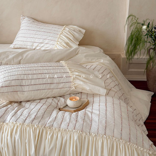 Girlish 少女全棉水洗棉四件套纯棉床裙花边条纹被套床上用品 法式