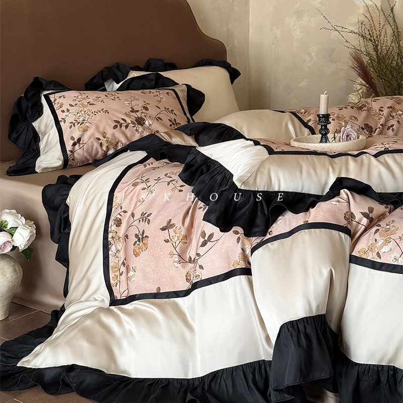 Girlish|法式复古夏季天丝四件套印花凉感床单丝滑中古风床上用品,床上用品,床品套件/四件套/多件套,淘宝优惠券,粉丝福利购,淘宝优惠卷