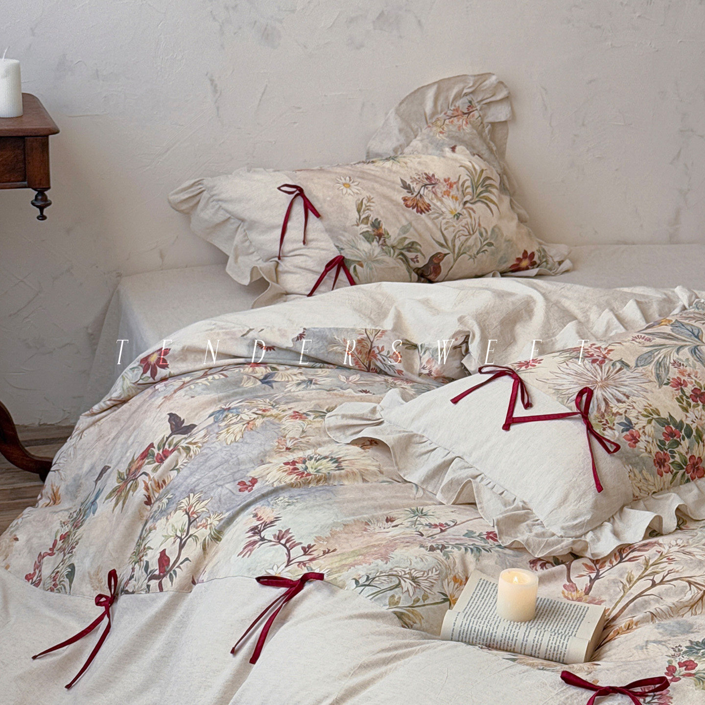 Tende|田园少女新年红浪漫棉麻混纺四件套蝴蝶结花边法式床上用品