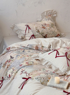 Tende|田园少女新年红浪漫棉麻纯棉四件套蝴蝶结花边法式床上用品