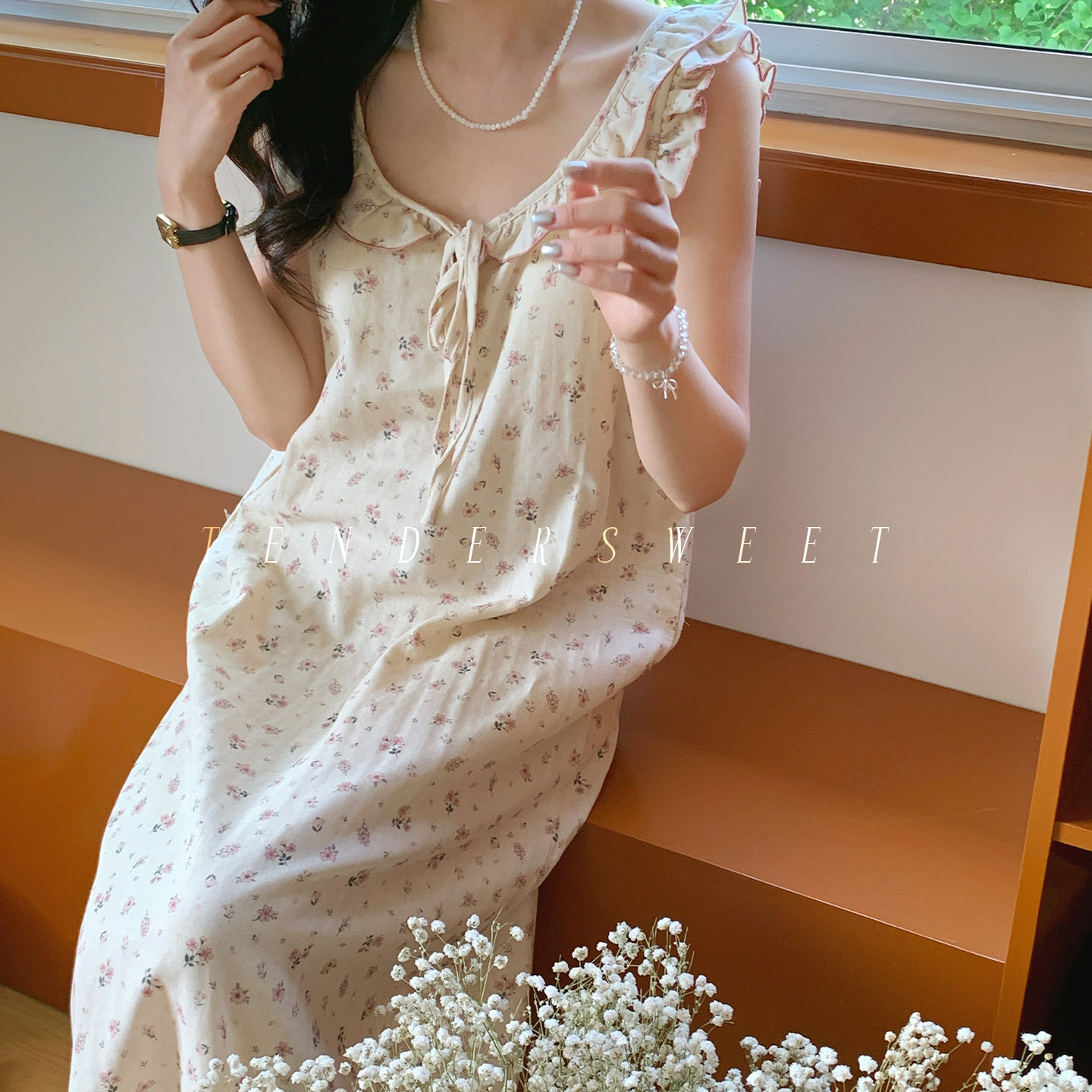 Tender法式小碎花夏季棉麻双层纱睡裙女带胸垫甜美无袖薄款家居服