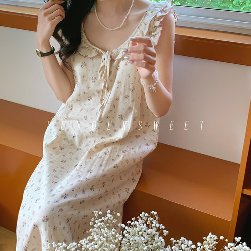 法式小碎花夏季棉麻双层纱睡裙