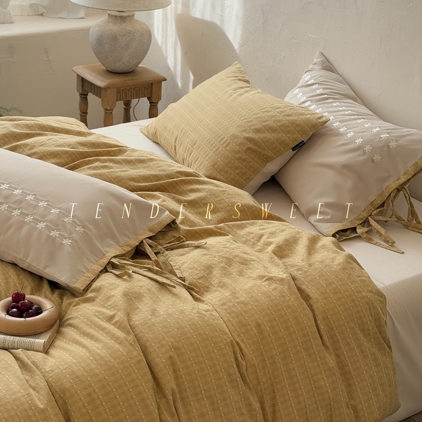 Tende|法式复古棉麻四件套被套提花刺绣亚麻混纺少女绑带床上用品