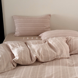 清新床上用品 新款 Girlish 简约条纹纯棉四件套全棉色织双层纱夏季