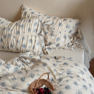 Tender 少女全棉双层纱四件套纯棉绑带被套碎花公主床上用品 法式