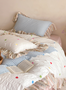 Tender| 法式少女波点全棉双层纱四件套格子纯棉花边床笠床上用品