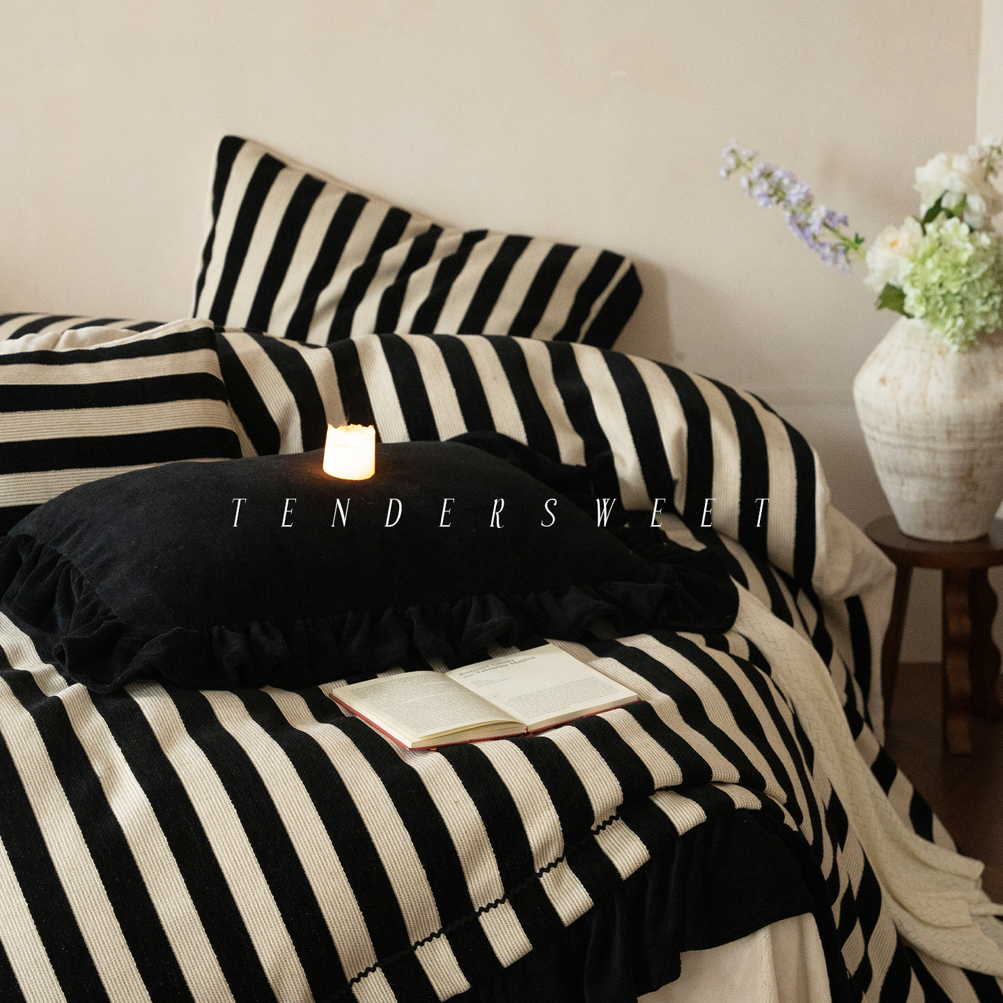 Tender| 法式简约黑白条纹牛奶绒四件套轻奢秋冬保暖被套床上用品