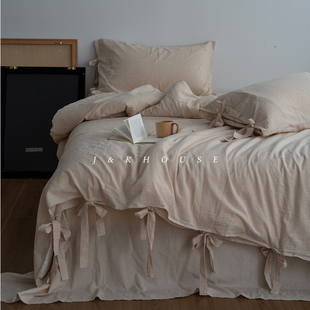 柔软A类水洗棉床上用品 简约纯棉四件套全棉纯色春夏季 Retro 日式