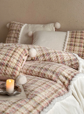 Tender| 法式少女冬季牛奶绒四件套毛球加厚保暖公主被套床上用品