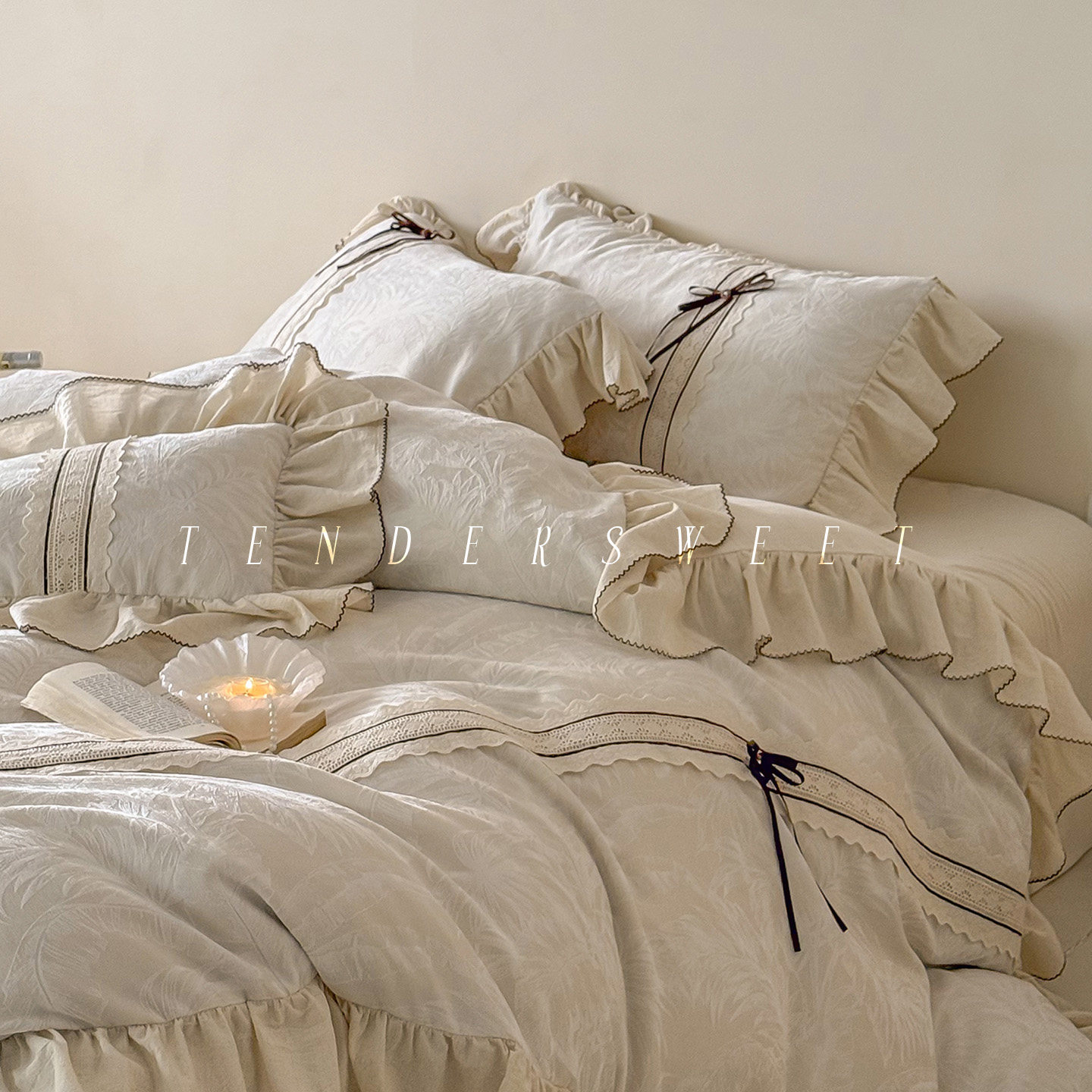 Tender|复古棉麻四件套色织提花被套四季花边亚麻白色床上用品