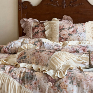 Tender 复古风少女全棉磨毛四件套纯棉床裙花卉印花床上用品 法式