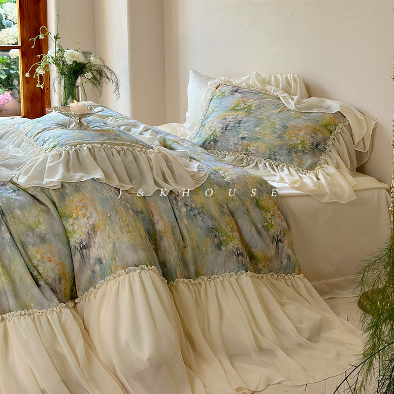 Retro|法式床单天丝棉四件套复古花卉荷叶边被套凉感丝滑床上用品