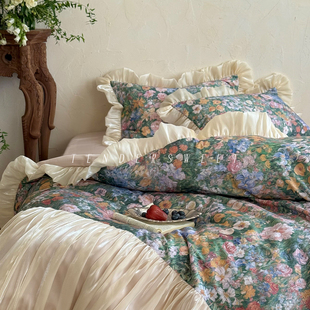 Girlish 浪漫全棉贡缎四件套纯棉油画床裙被套田园风床上用品 法式