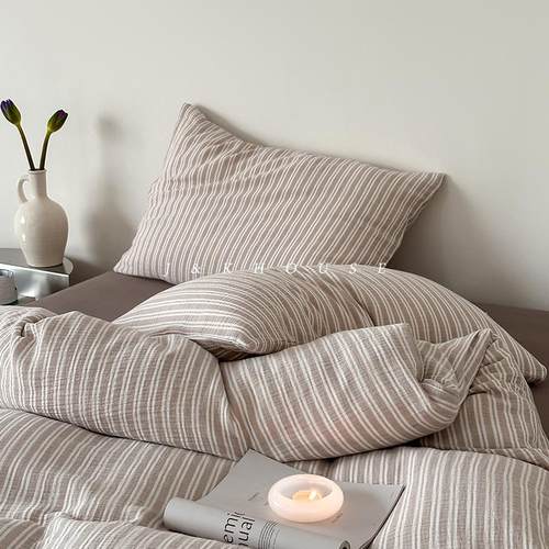 Stripe| 简约色织中古条纹双层皱皱纱四件套纯棉被套床单床上用品