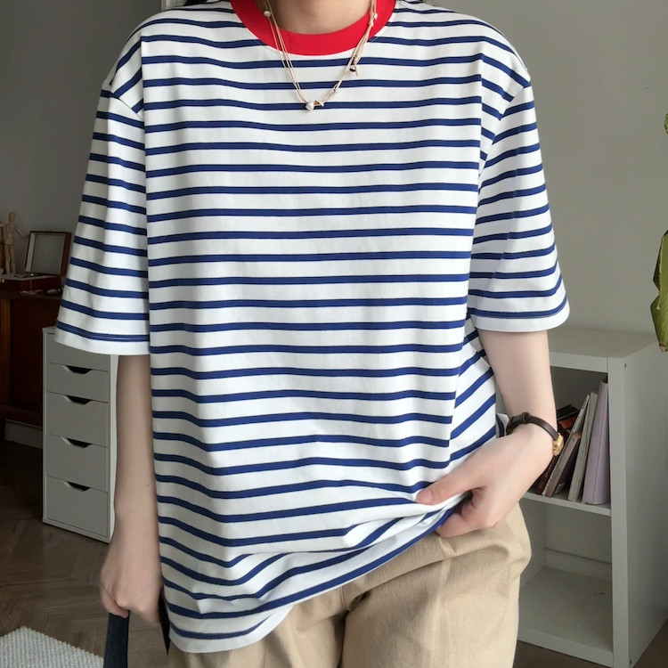 买手款！出口韩国小众设计圆领宽松休闲上衣短袖条纹T恤男女同款