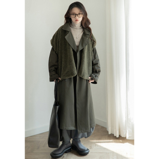 内卷大佬 出口高品质小众设计廓形摇粒绒马甲两件套风衣棉服长