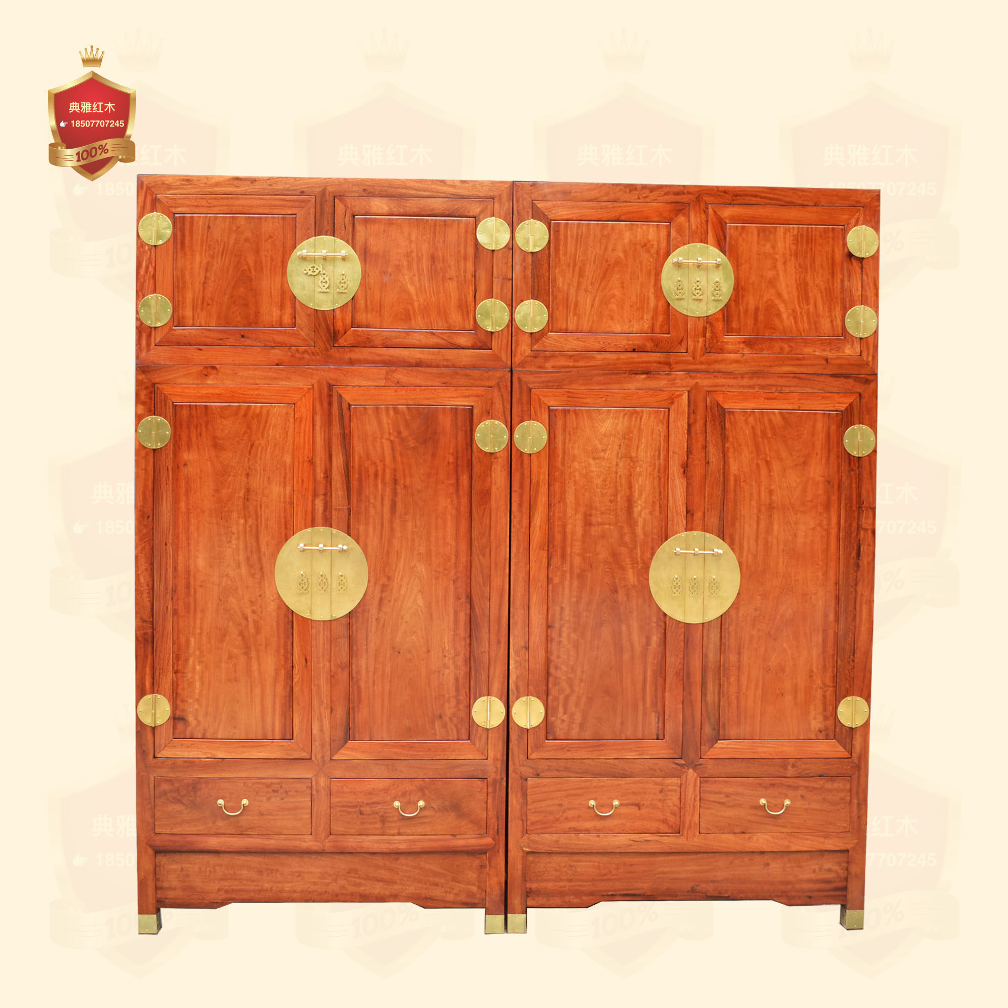 缅甸花梨 大果紫檀 顶箱柜4件套 素面加厚大衣柜 红木卧室衣柜