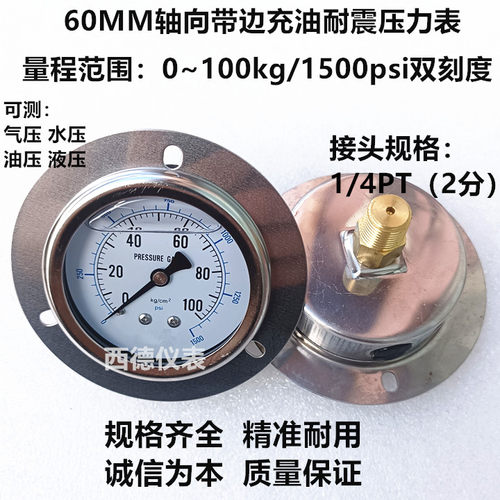 YN-60ZT 60MM轴向带边0－100KG充油耐震压力表 充油防震压力表