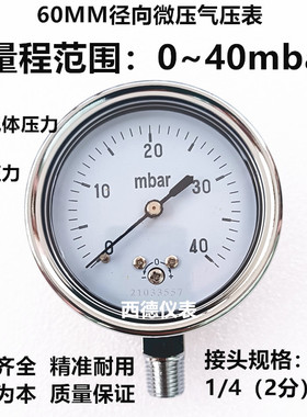 60MM立式0-40mbar压力表 毫巴压力表 毫巴燃气压力表 西德仪表