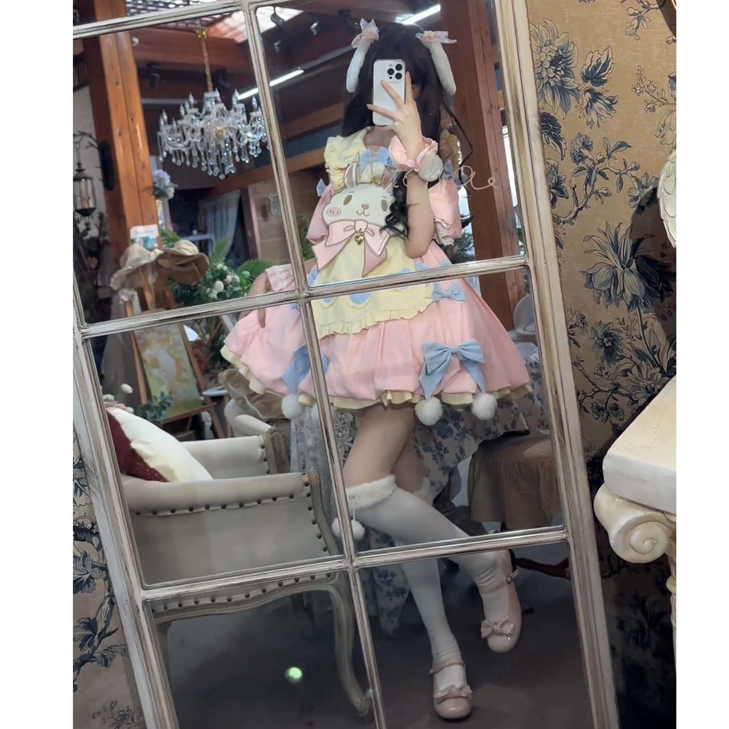 粉色可爱兔兔长袖lolita连衣裙