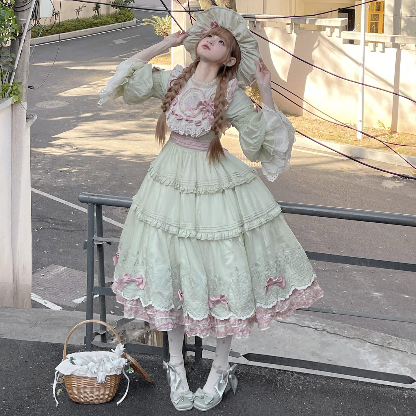 四时花田园风绿色Lolita连衣裙