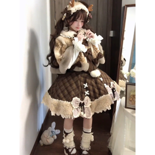 棕色可爱小鹿甜美内搭连衣裙斗篷lolita裙少女感公主裙冬季洛丽塔