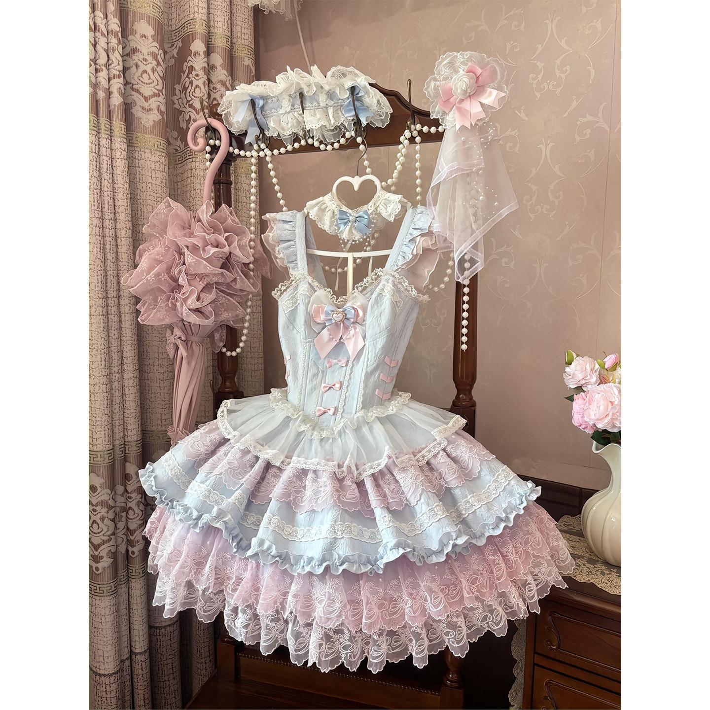 优雅甜美粉蓝色芭蕾风lolita吊带