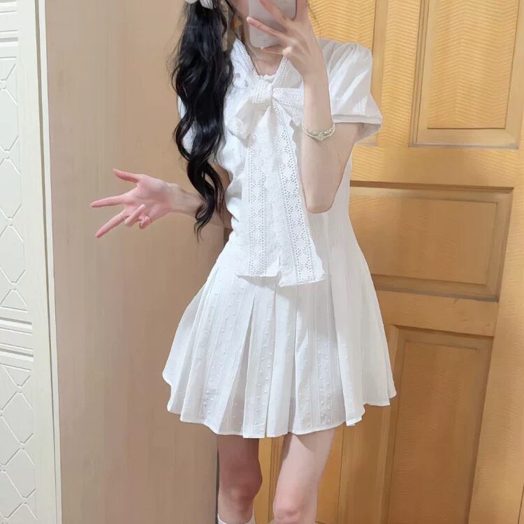 宋正恩白色学院风衬衫连衣裙女夏季法式小个子气质收腰短款裙子潮