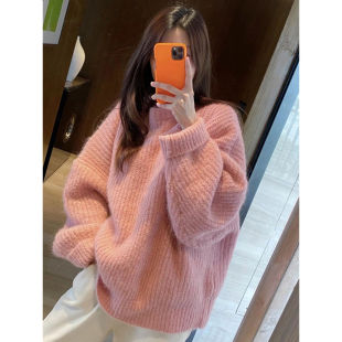 韩系慵懒风粉红色宽松套头初恋感粉色毛衣女2022年秋冬季洋气百搭