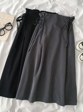 高腰灰色半身裙女2023夏季新款韩版百搭松紧系带a字裙中长裙ins潮