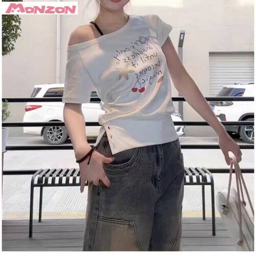 美式辣妹斜肩短袖女夏季新款手绘涂鸦白色t恤宽松显瘦露肩上衣潮