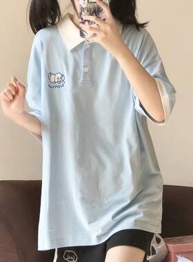 蓝色萌狗polo衫短袖T恤上衣女夏季日系软妹宽松休闲学生学院风ins