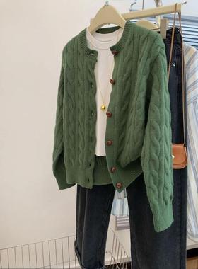 UNITY 绿色麻花短款针织衫开衫女夏季夏韩系慵懒风宽松上衣毛衣