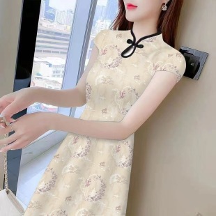 中款改良旗袍连衣裙子女夏季新款洋气印花打底收腰裙