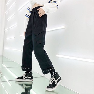 复古束脚情侣工装裤女学生韩版宽松哈伦裤高腰百搭显瘦休闲九分裤