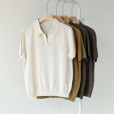 莱赛尔+亚麻+腈纶 POLO翻领花纱短袖套头针织衫女夏新