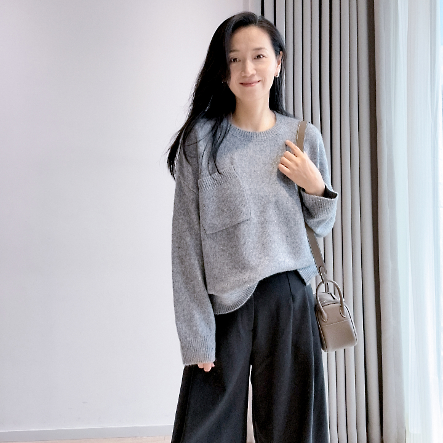 嵌闪小亮片 山羊绒+莱赛尔绵羊毛大口袋长袖套头针织衫毛衣女秋冬