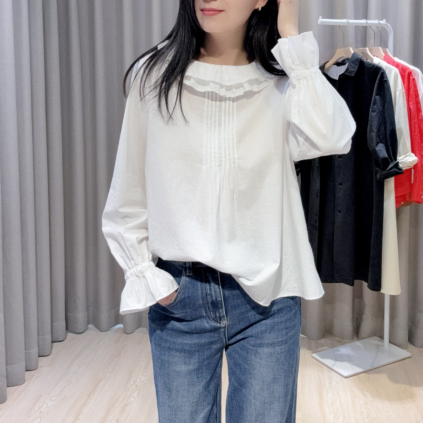 天然纤维竹节棉 木耳花边领+松紧喇叭袖后系带领长袖套头衬衫女新