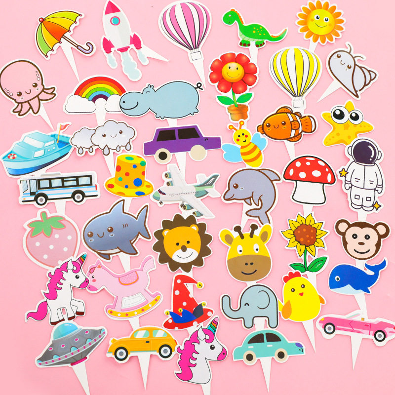 六一儿童节蛋糕装饰插牌卡通小动物生日派对插件纸杯蛋糕插卡40枚