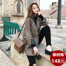 学生复古格子西服韩国网红 韩版 chic小西装 外套女宽松2019春秋新款