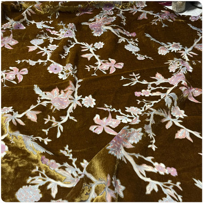 旗袍连衣裙深姜黄镂空真丝绒