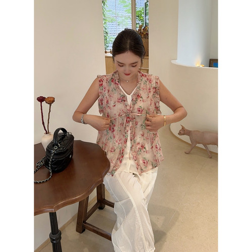 MISS RUILI定制   新款法式优雅气质甜美小花木耳边无袖小衫F2382