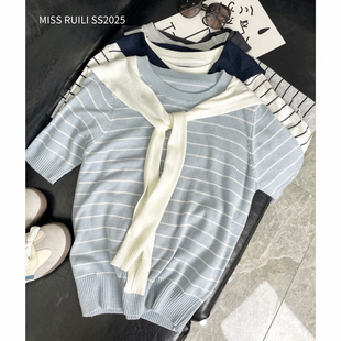 短袖 MISS 高级感披肩条纹针织衫 RUILI定制 两件套t恤F0139 法式
