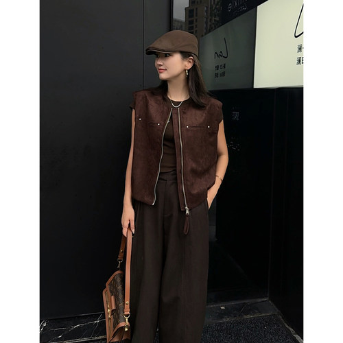 MISS RUILI定制   新款秋款时尚圆领麂皮绒叠穿坎肩拉链马甲F2495