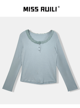 MISS RUILI 定制  甜美蕾丝边拼接圆领长袖打底衫上衣F0032