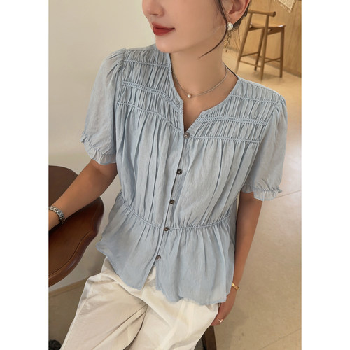 MISS RUILI定制   新款法式V领泡泡袖别致小众宽松遮肉小衫F2391