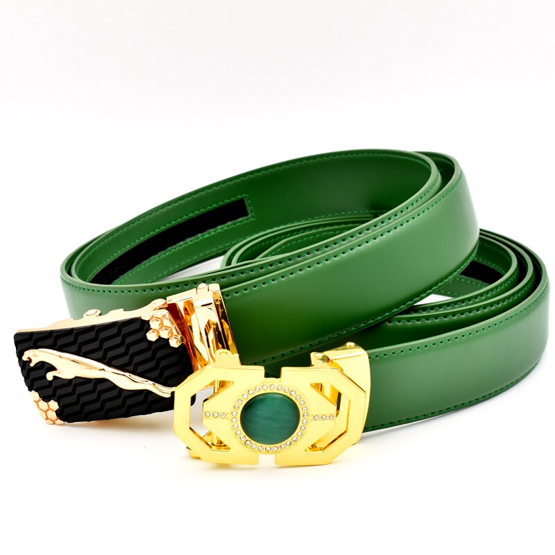 绿色休闲皮带男年轻人韩版商务真牛皮男士牛仔裤细腰带潮男自动扣