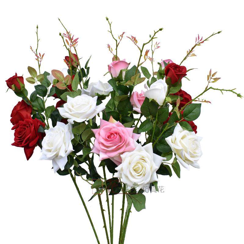 仿真单支卷边绒布玫瑰花带刺月季花餐桌客厅落地摆放花婚庆影楼花