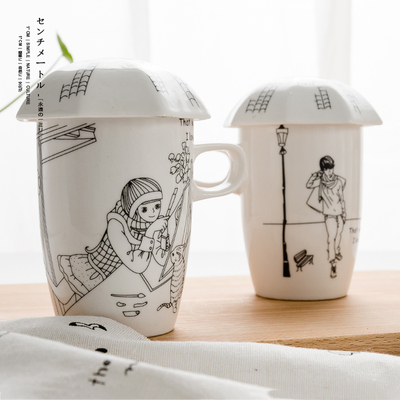 包邮E厘米江南水乡速描陶瓷杯特色情侣杯创意马克杯杯子带盖送勺