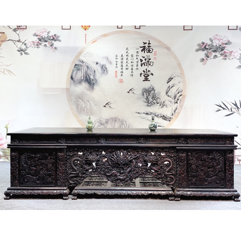 新中式雕花邵氏紫檀木办公桌黄花梨书桌龙纹写字台仿古实木老板台